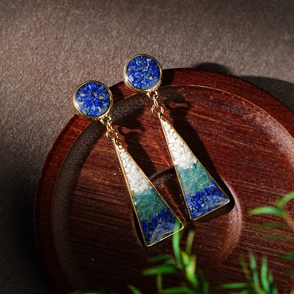 Colorful Stone Inlaid Geometric Earrings, Blue-White Round Triangle