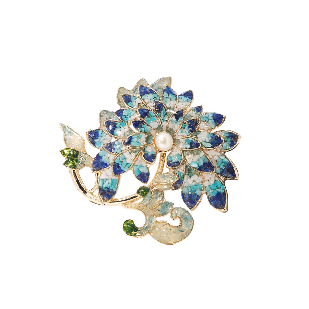 Color Stone Inlay Brooch – Chrysanthemum, Blue & White