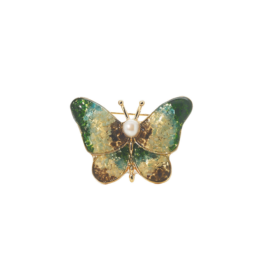 Vintage Jade Green Stone Inlay Butterfly Brooch