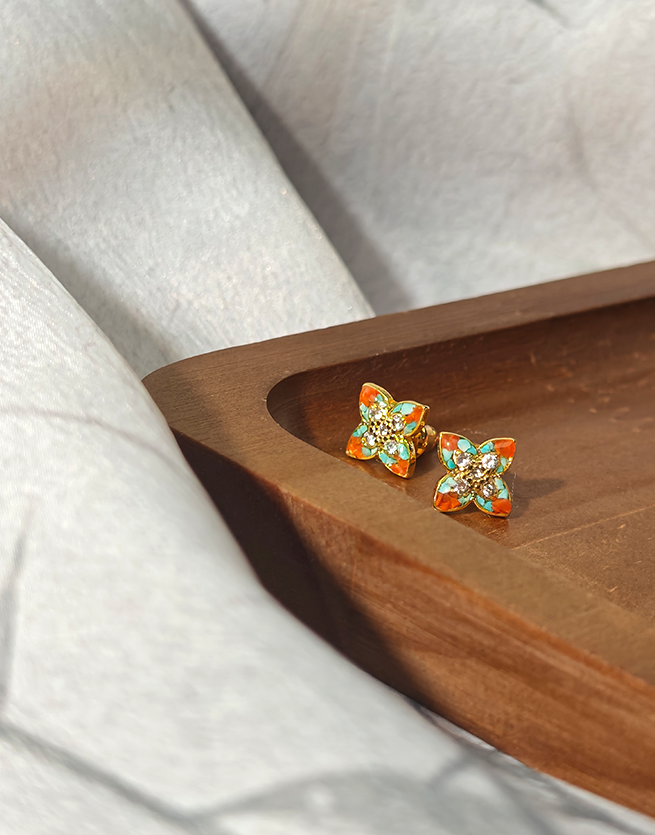 Colorful Stone Inlaid Pointed Four-Leaf Clover Earrings, Dunhuang Palette
