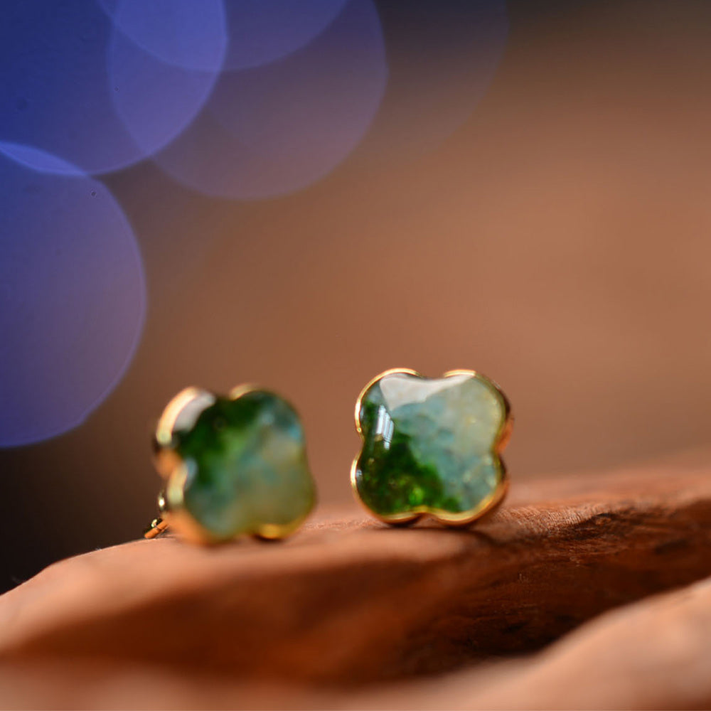 Color Stone Inlay Studs – Four-Leaf Clover, Emerald Green
