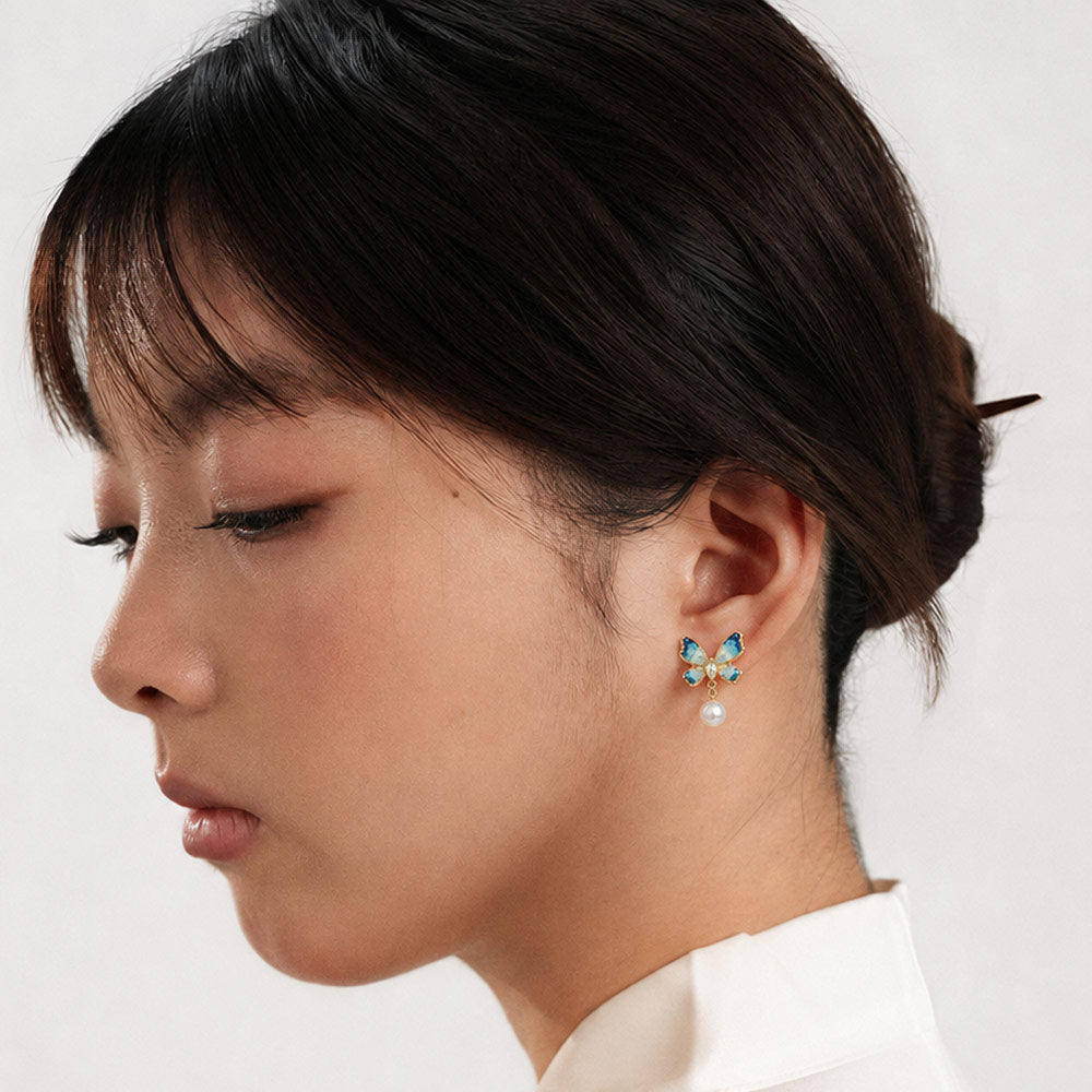 Butterfly in Azure Dream” Lapis Lazuli Butterfly Stud Earrings + Necklace Bundle