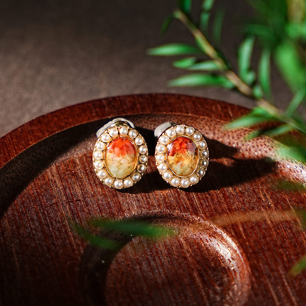 Colorstone Inlay Pearl Oval Stud Earrings, Spring Series