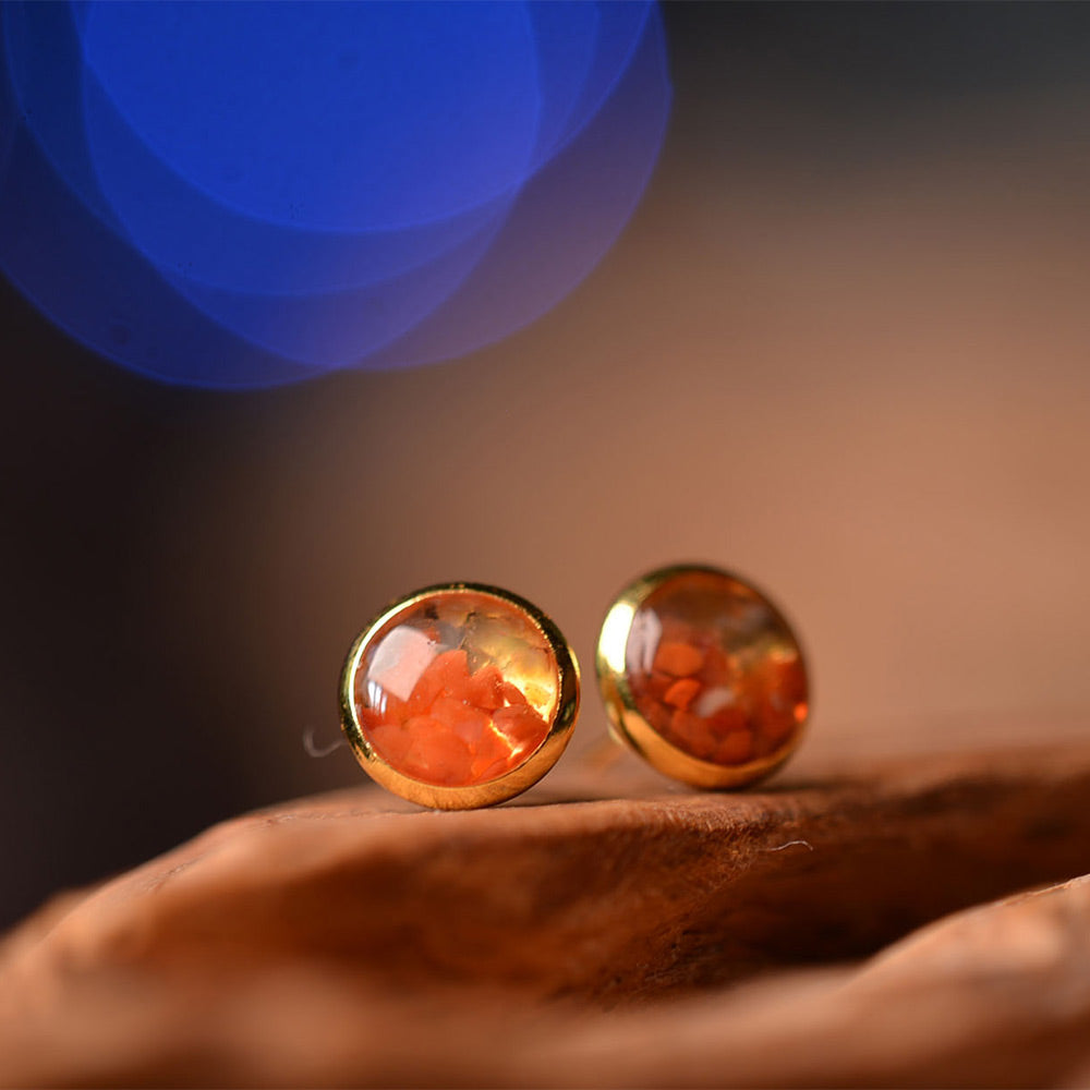 Color Stone Inlay Small Round Bead Stud Earrings, Red & Prosperous Series