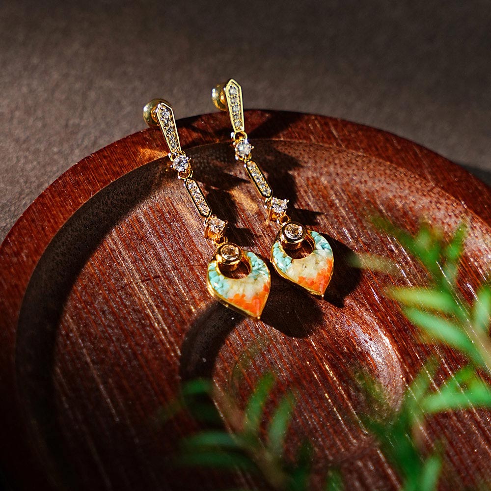 Color Stone Inlay Hollow Diamond Drop Earrings - Dunhuang Red Series