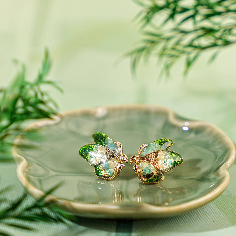 Colorful Stone Inlaid Earrings, Emerald Green Butterfly Wings