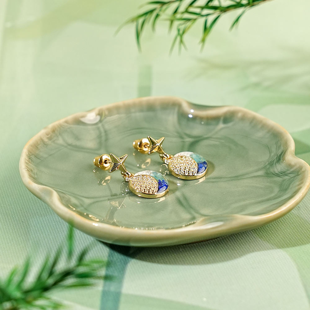 Stone Inlay Sun Moon Star Earrings, Blue and White Style