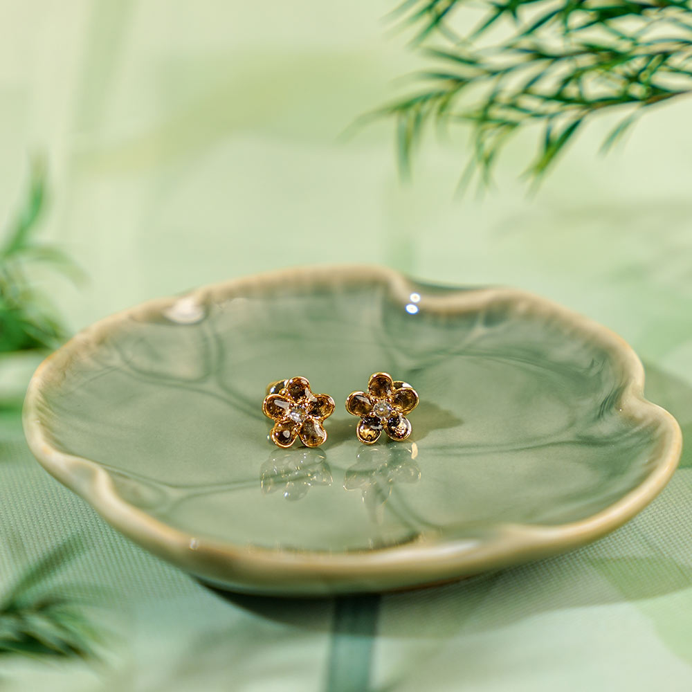 Color Stone Inlay Five-Petal Flower Stud Earrings - Sapphire Blue Series