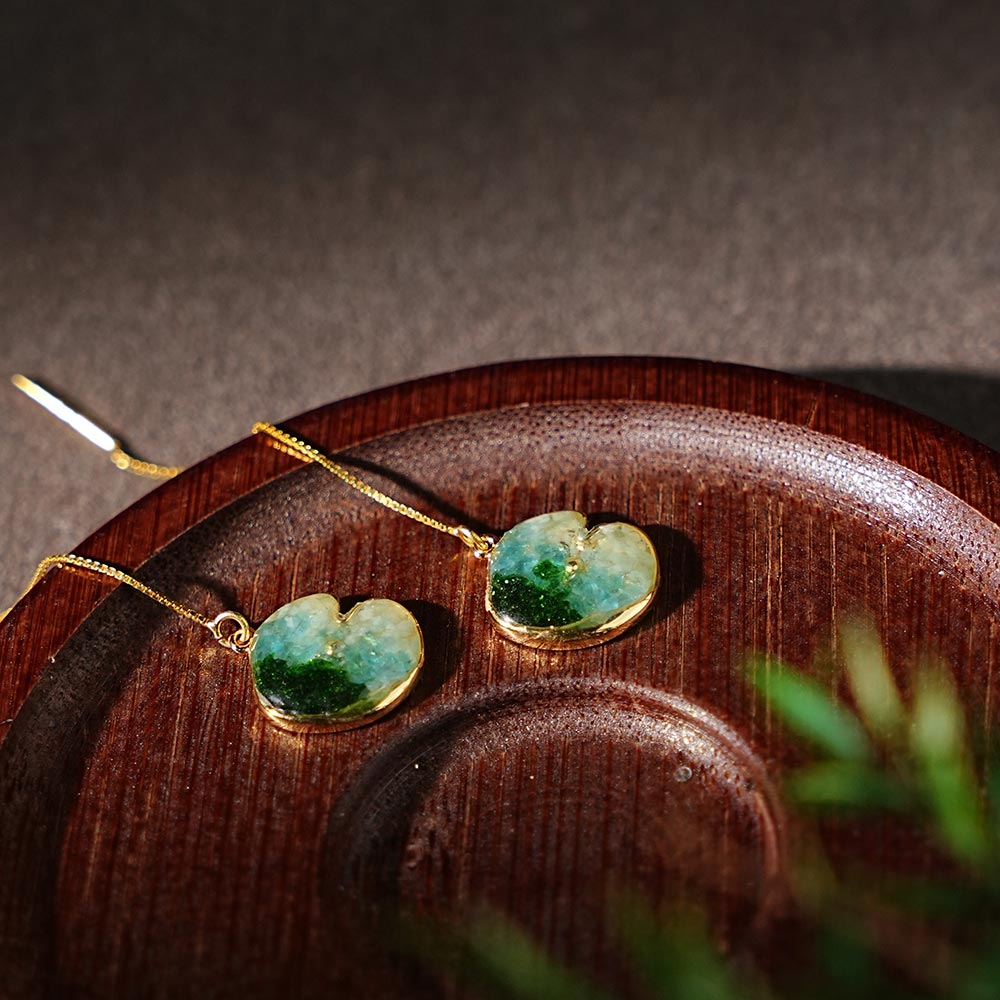 Colorful Stone Inlaid Earrings, Emerald Green Lotus Leaf Drop