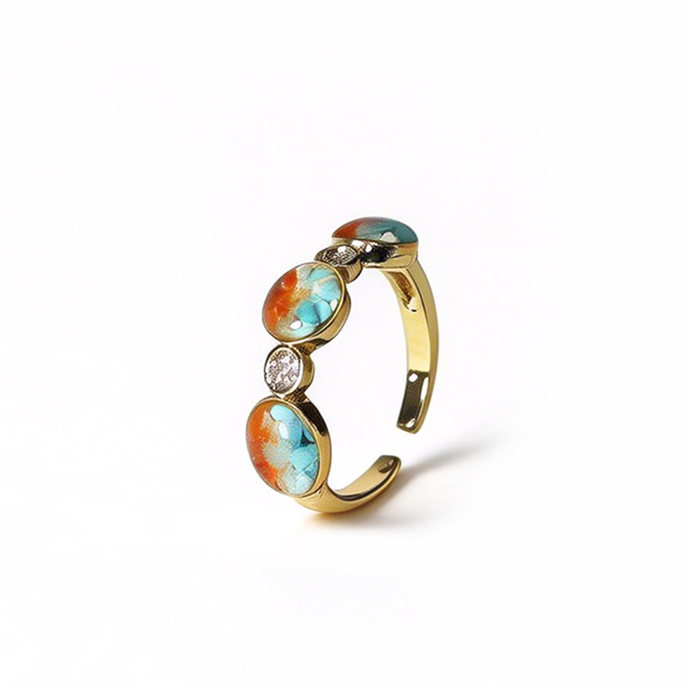 Color Stone Inlay Round Bead Ring – B Style, Dunhuang Red Series