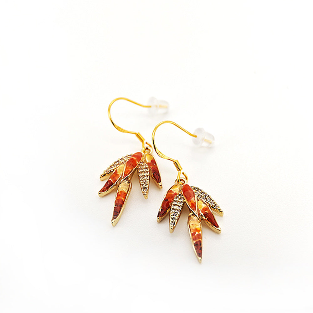 Color Stone Inlay Bamboo Leaf Earrings – Red Series
