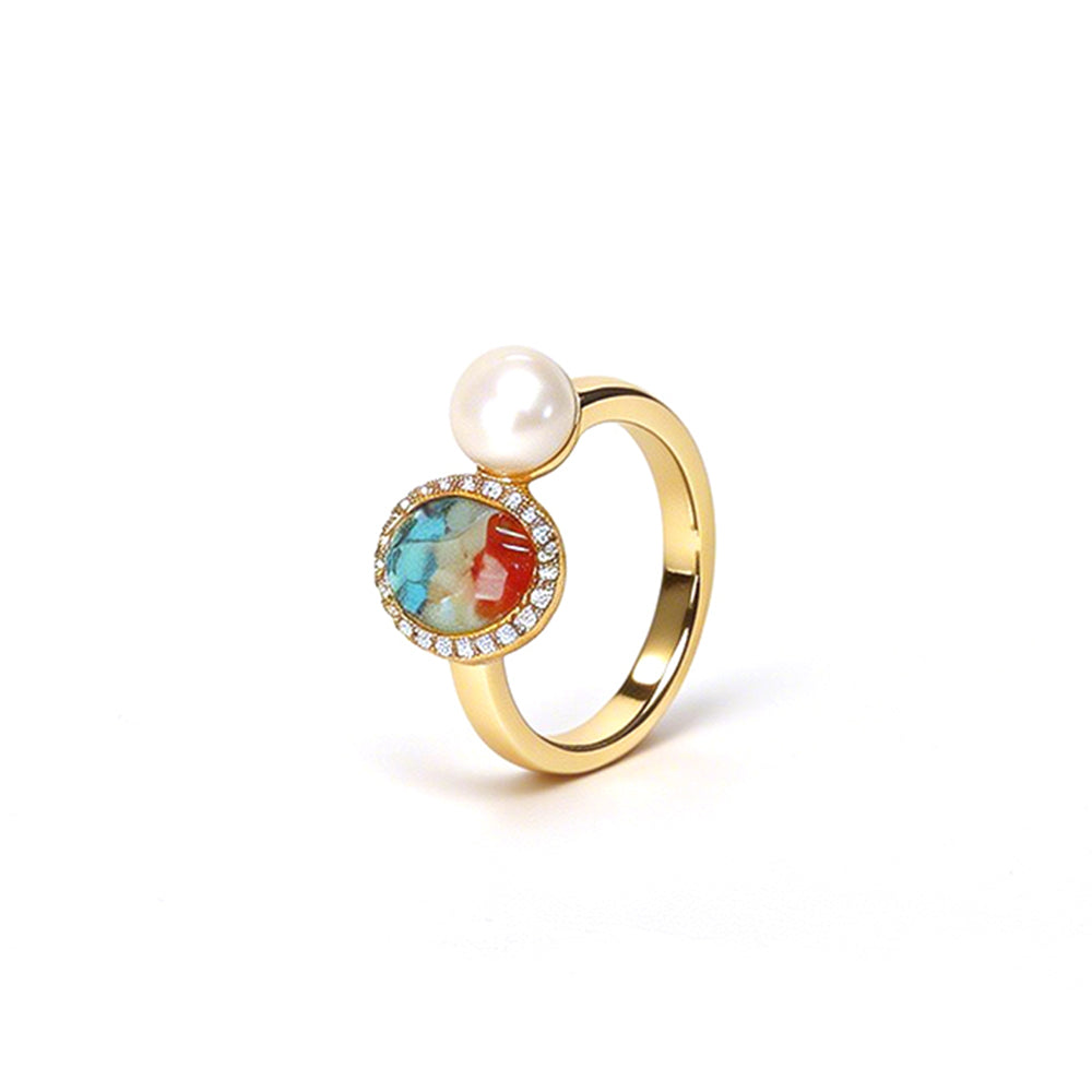 Color Stone Inlay Oval Pearl Ring – Dunhuang Color Series