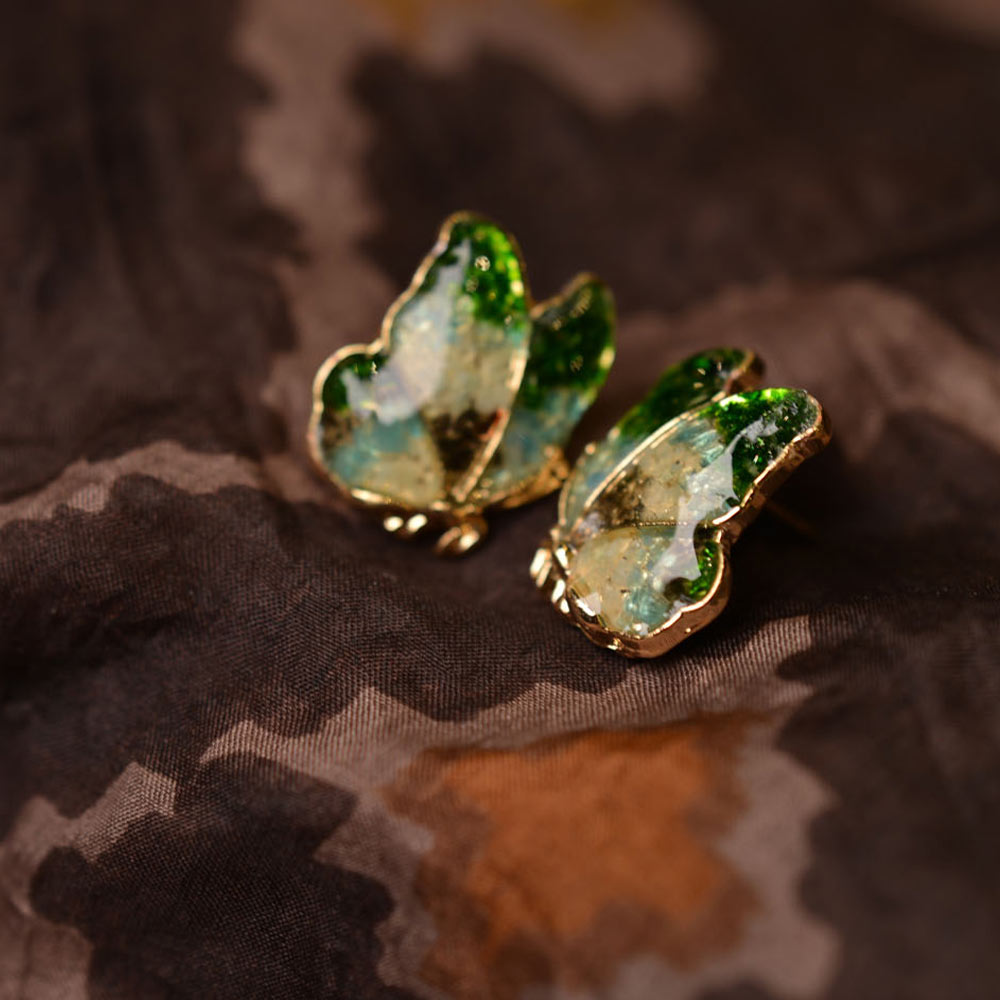Colorful Stone Inlaid Earrings, Emerald Green Butterfly Wings