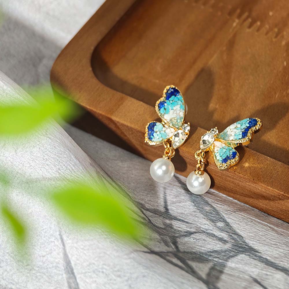 Butterfly in Azure Dream” Lapis Lazuli Butterfly Stud Earrings + Necklace Bundle