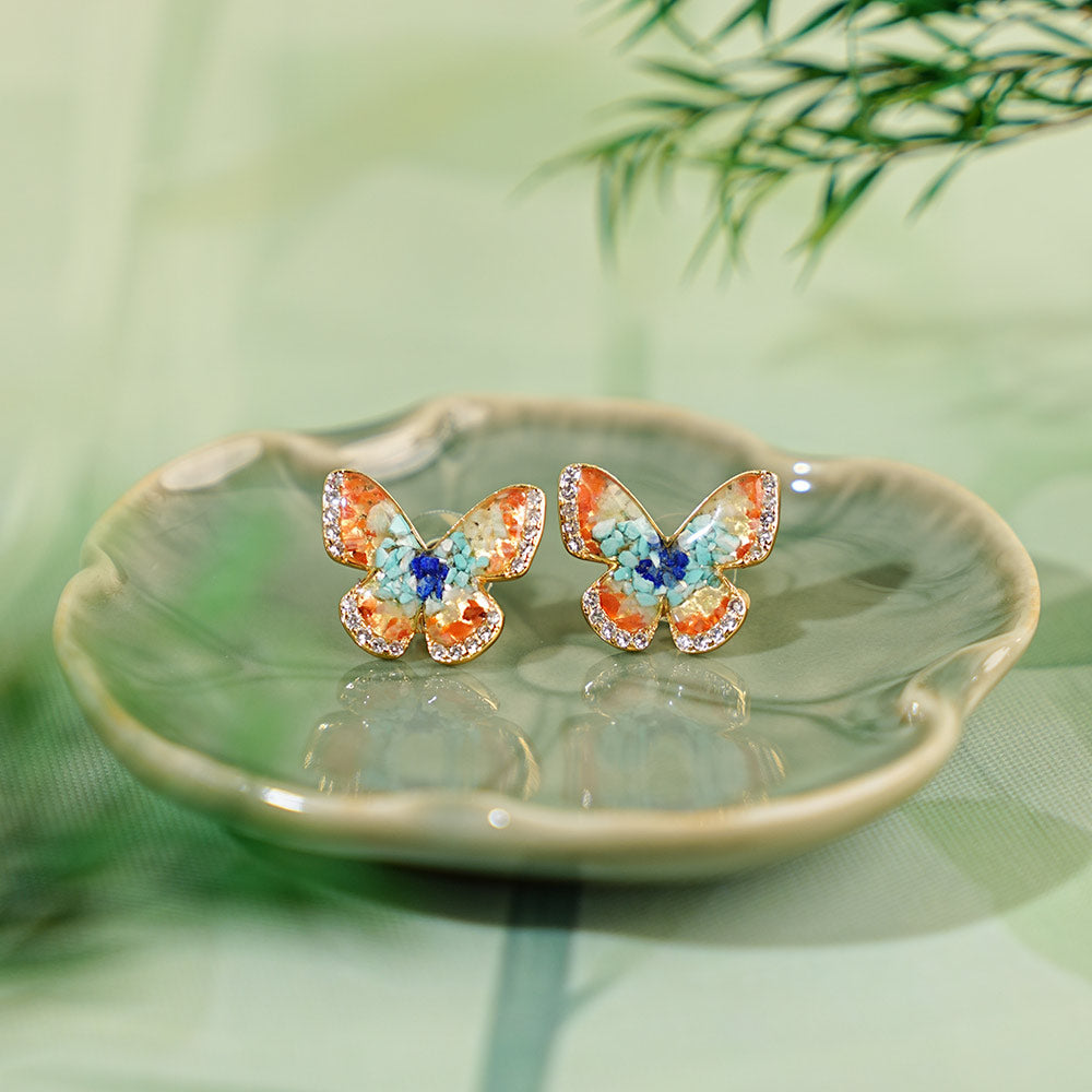 Color Stone Inlay Butterfly Stud Earrings – Dunhuang Color 15MM with Crystal I1