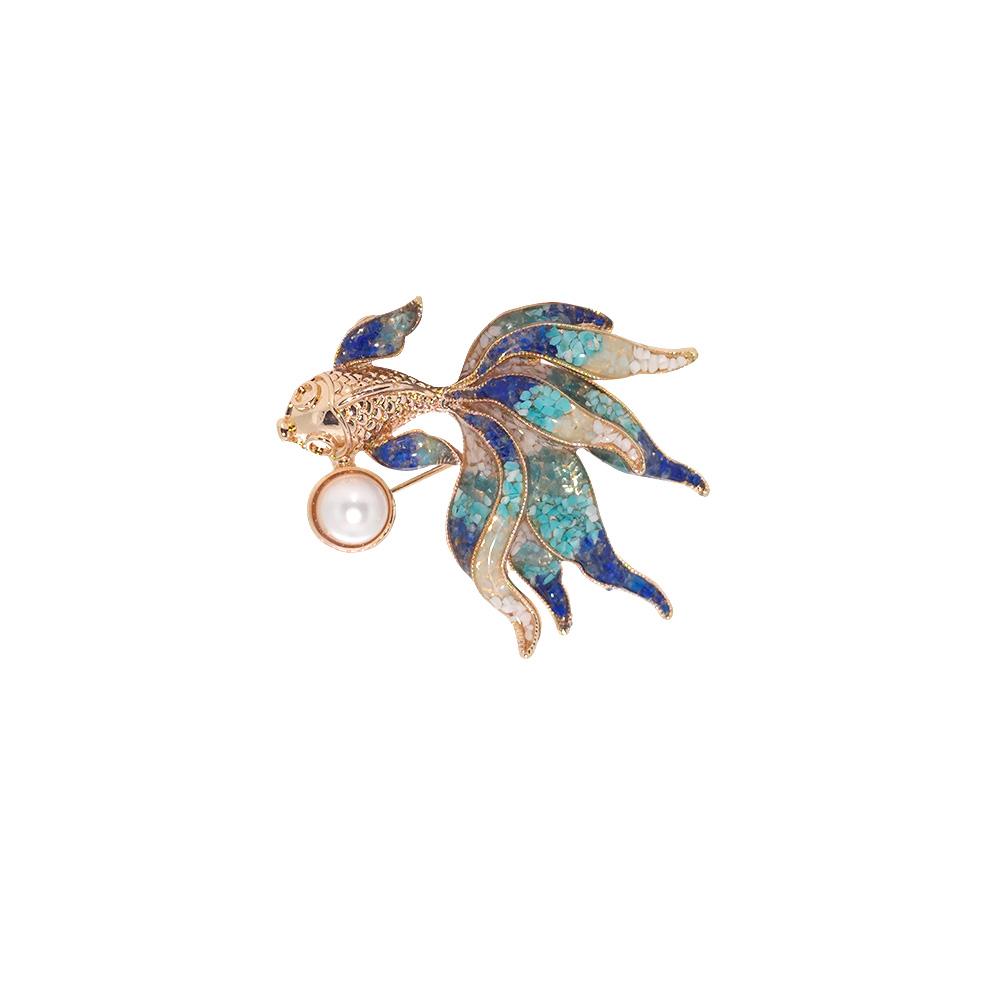 Color Stone Inlay Goldfish Brooch – Blue & White Series