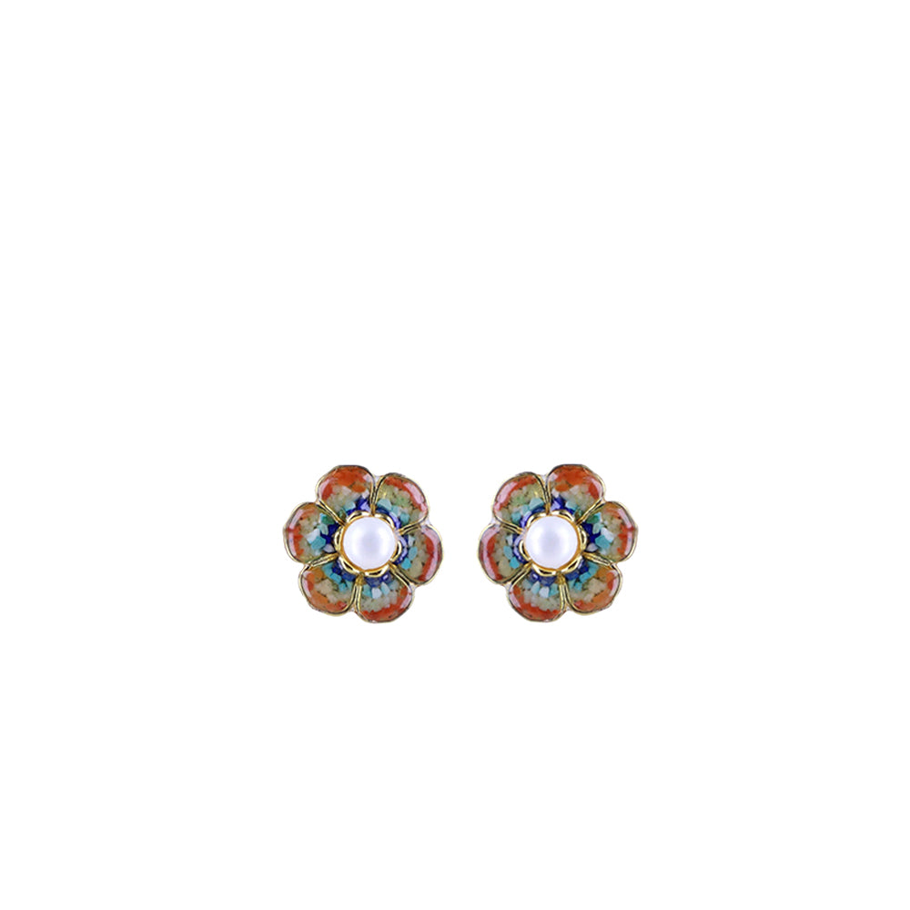South Red Jade Lotus Flower Design Color Stone Stud Earrings