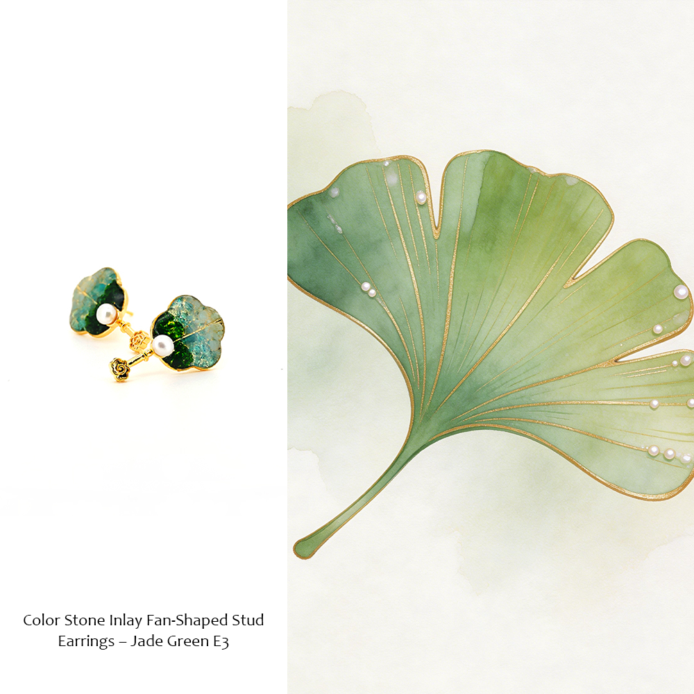 Color Stone Inlay Fan-Shaped Stud Earrings – Jade Green