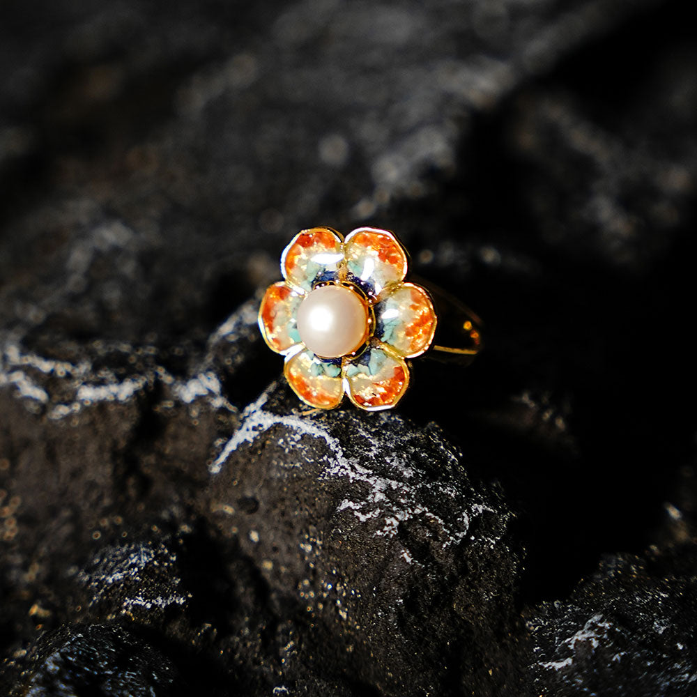 Romantic Floral Teardrop Stud Earrings + Baoxiang Flower Ring Set