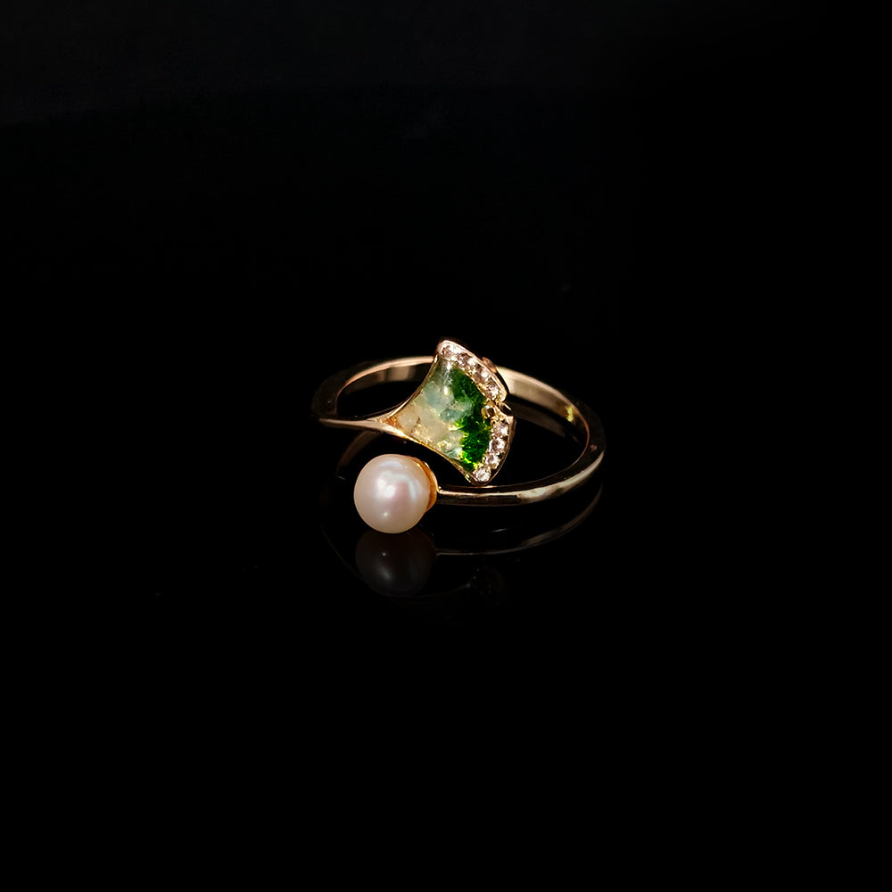 Rainbow Stone Inlay Jadeite Green Gradient Ginkgo Leaf Pearl Ring