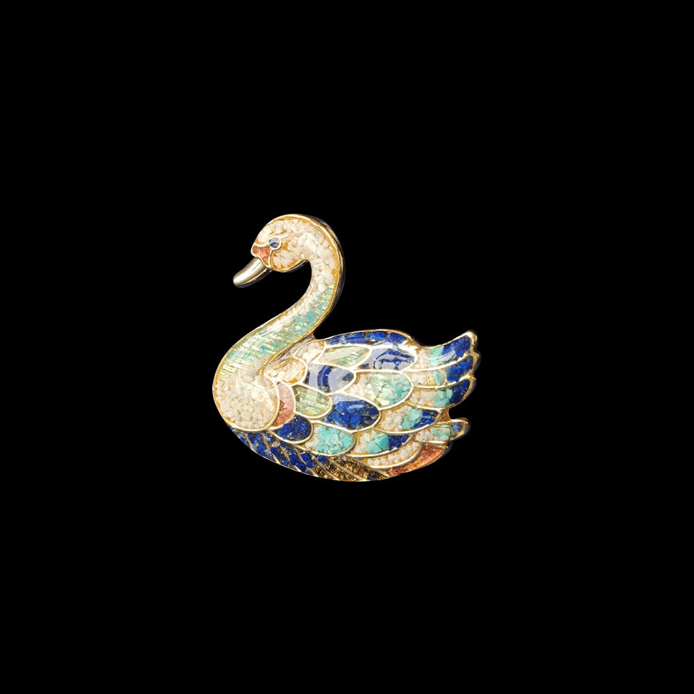 Blue-and-White Porcelain & Colored Stone Inlay Swan Brooch