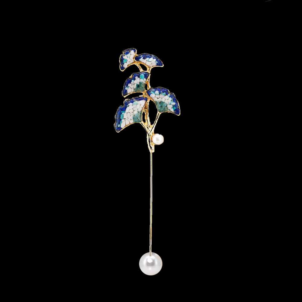 Blue-and-white Ginkgo Leaf Brooch Inlaid with Colored Stones