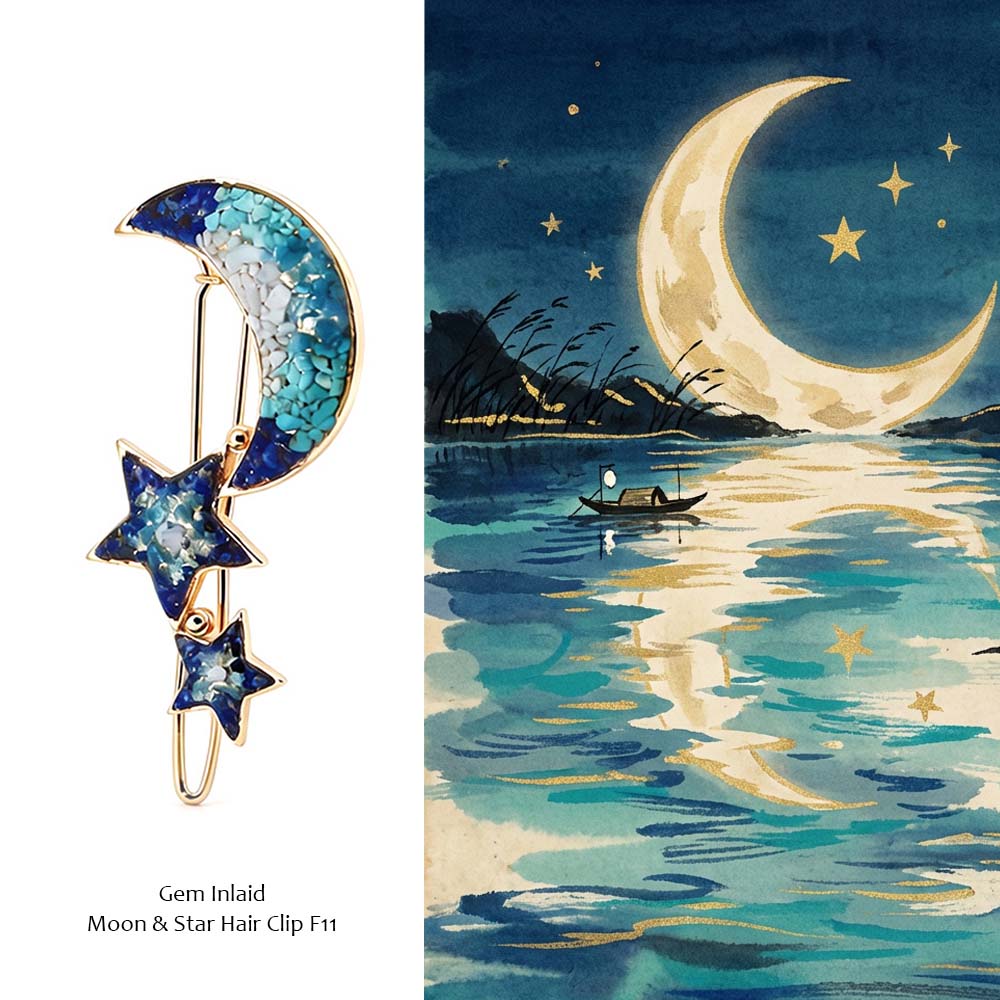 Star and Moon Hairpin with Colorful Stone Inlay