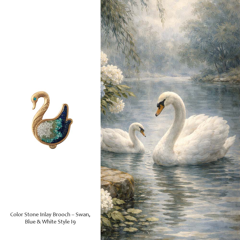 Blue-and-White Porcelain & Colored Stone Inlay Swan Brooch