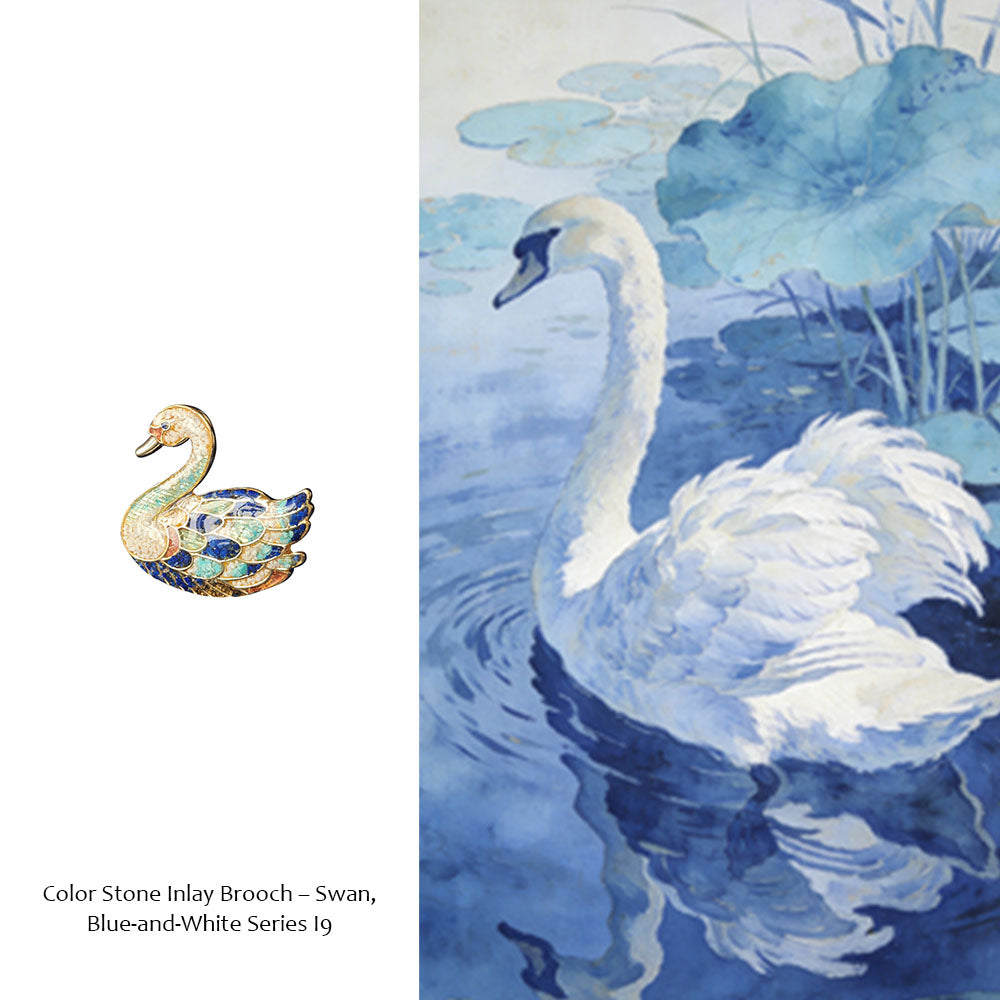 Blue-and-White Porcelain & Colored Stone Inlay Swan Brooch