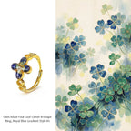 Rainbow Stone Inlaid Four-Leaf Clover B-Shaped Ring in Sapphire Blue Gradient