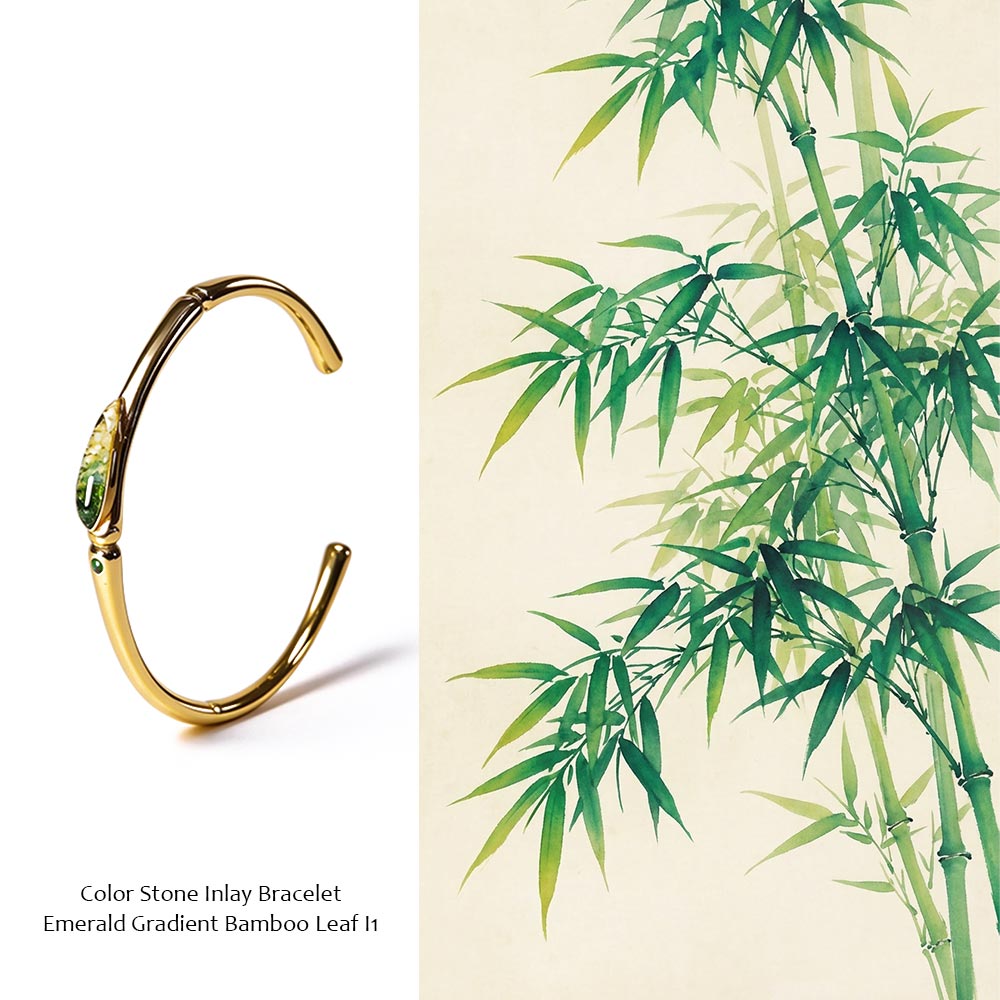 Emerald Gradient Bamboo Leaf Design Color Stone Inlay Bracelet
