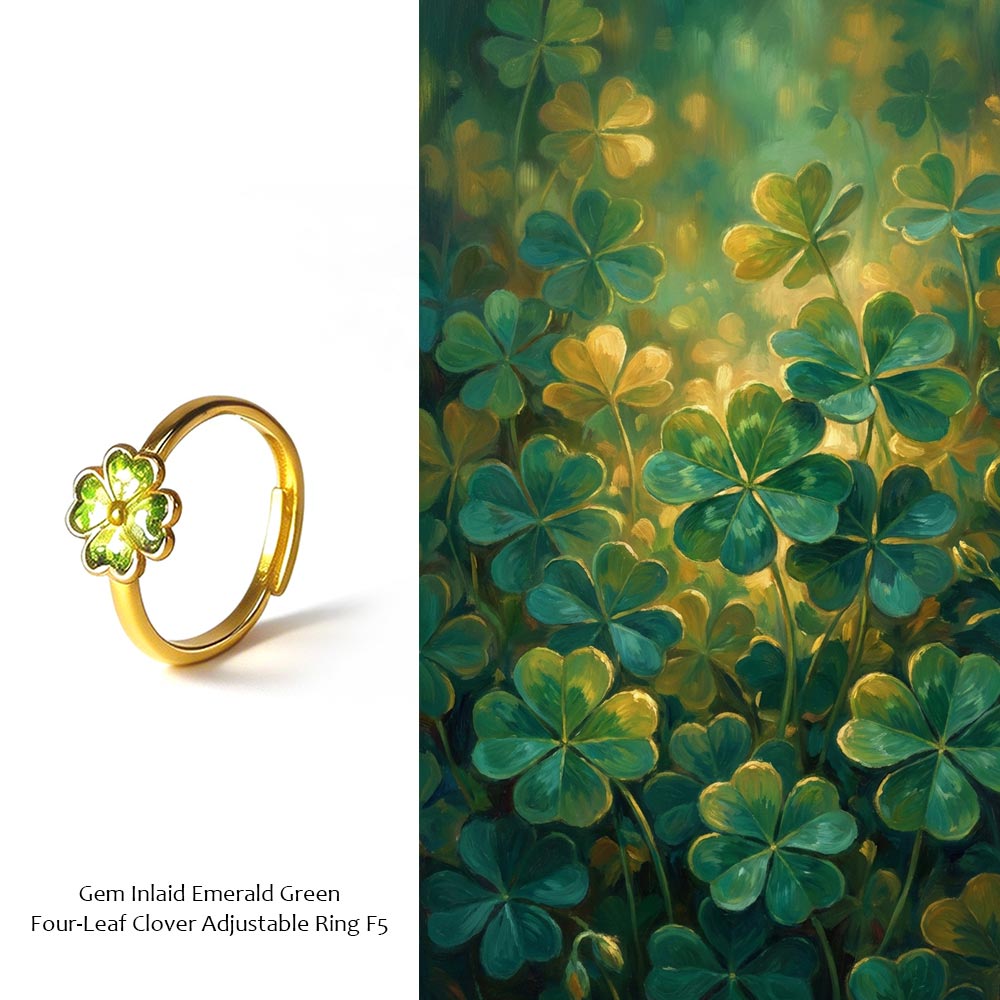 Adjustable-size Emerald Green Four-Leaf Clover Ring with Colorful Stone Inlay