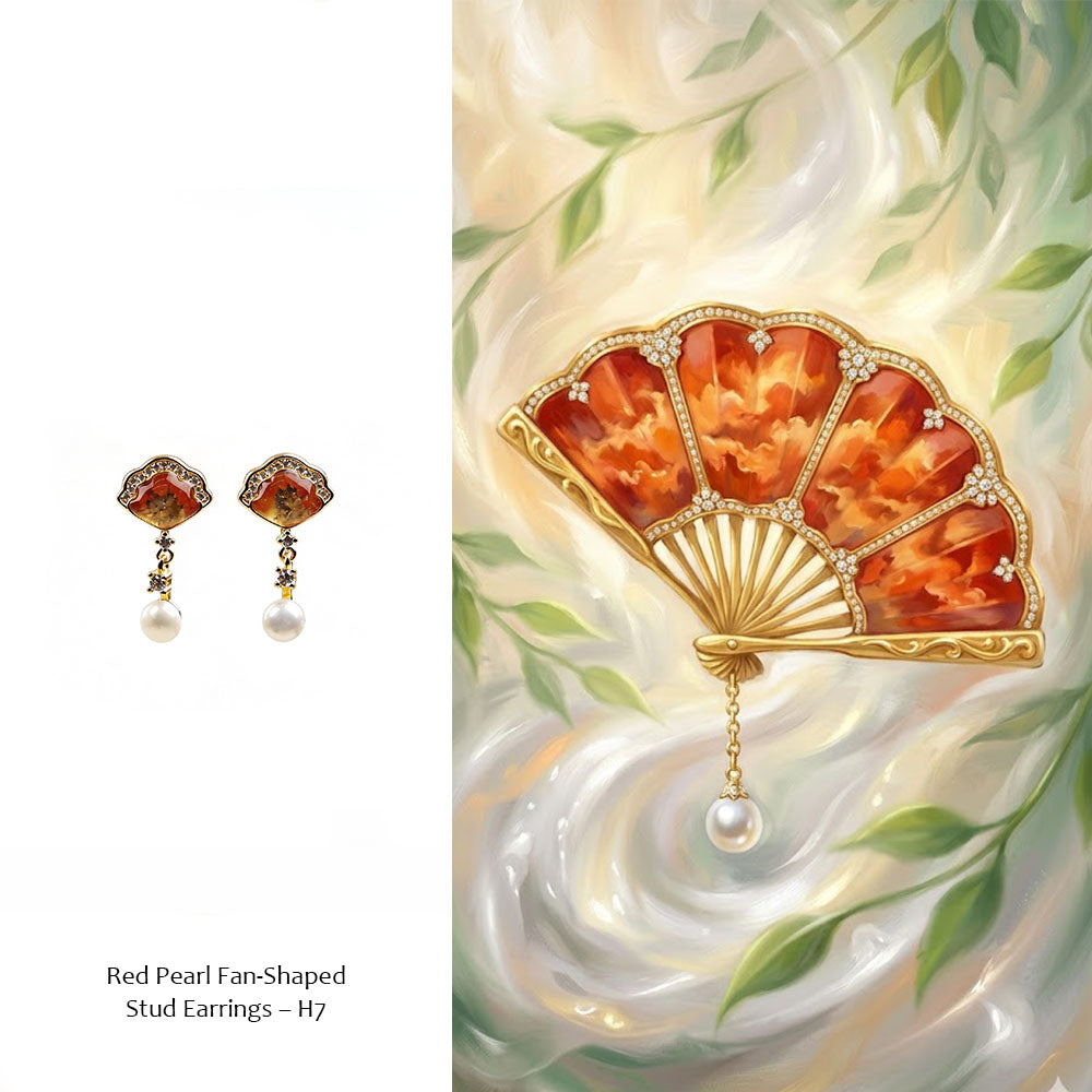 Elegant Red Pearl Fan-Shaped Stud Earrings