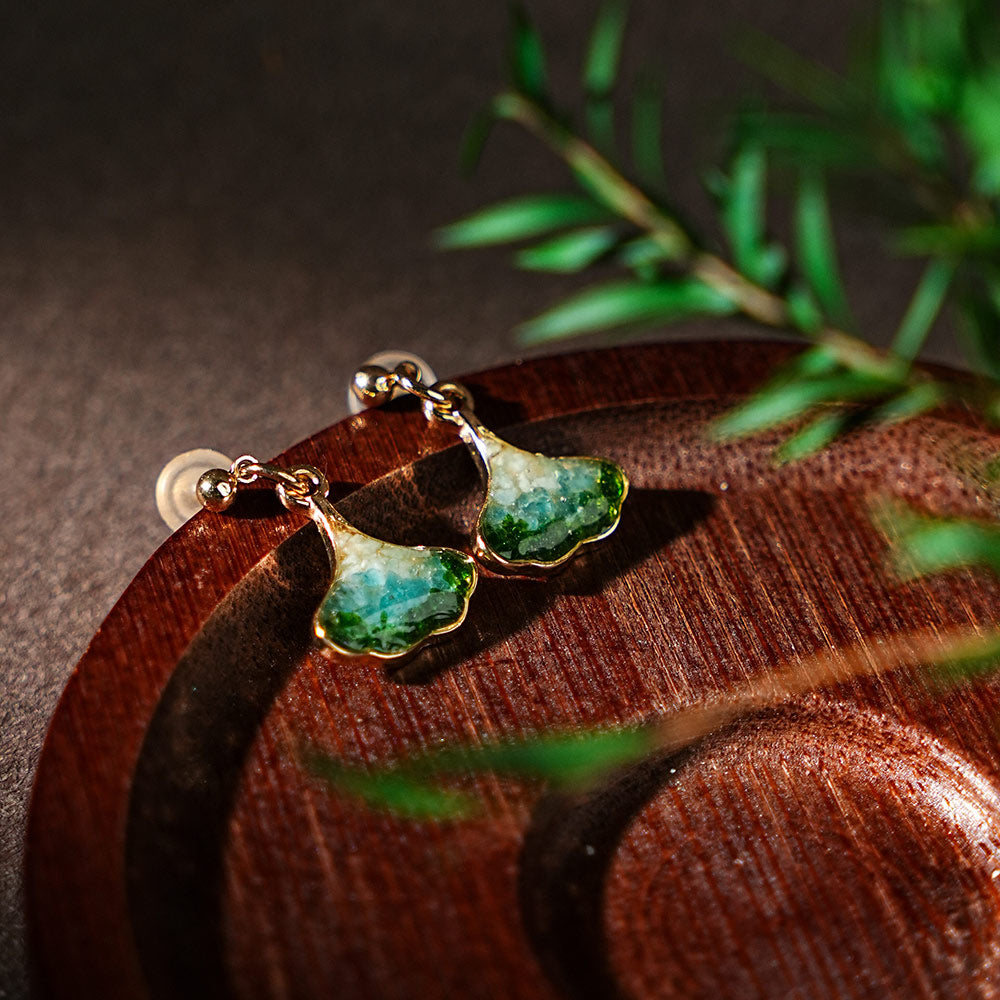 Color Stone Inlay Studs – Ginkgo Leaf, Emerald Green