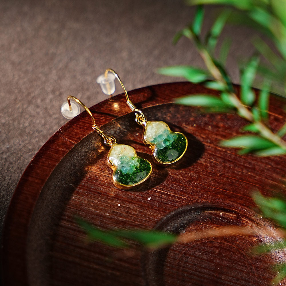 Color Stone Inlay Jade Green Gourd Stud Earrings