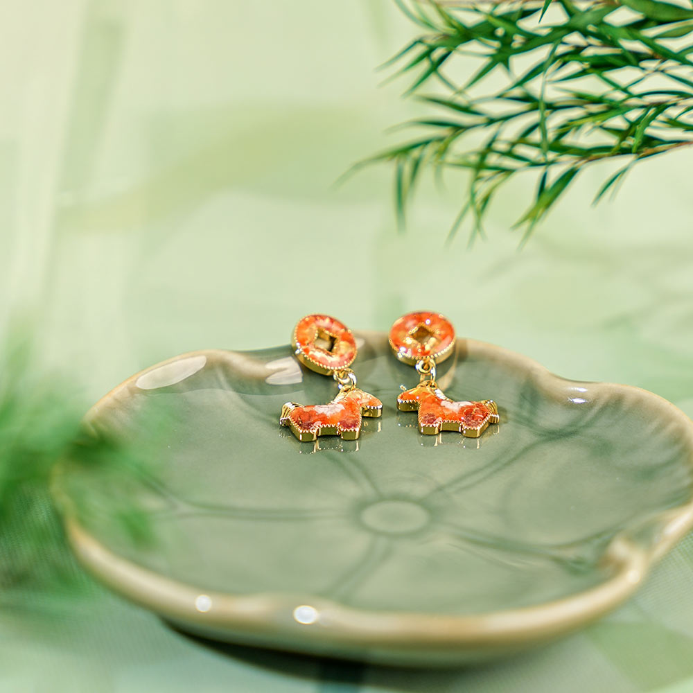 Colorful Stone Inlaid Earrings, “Prosperity Red” Coin Horse Design
