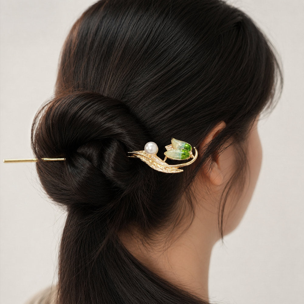 Enameled Tulip Hairpin with Jadeite Green Inlay