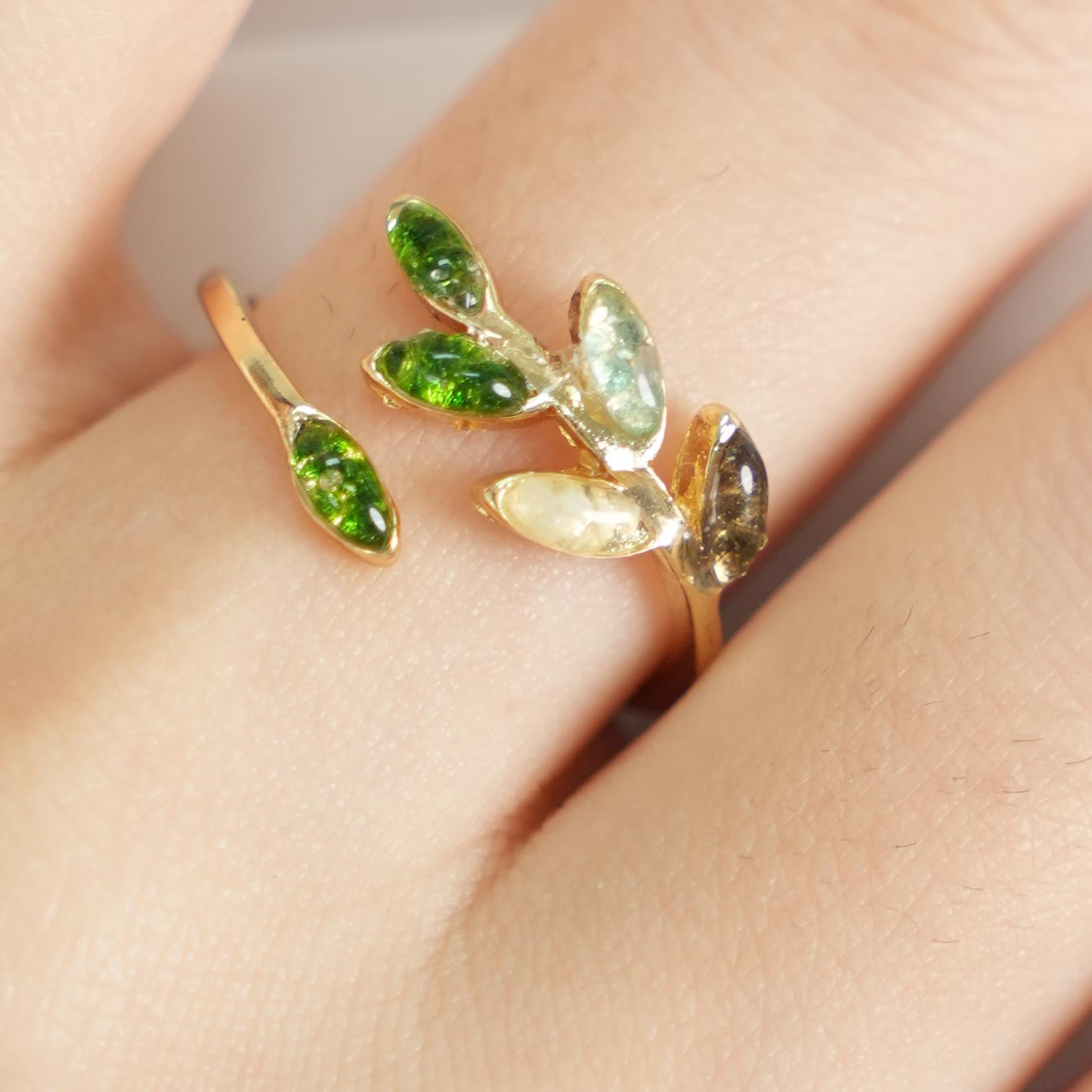 Adjustable Jadeite Olive Branch Ring with Colored Stone Inlay