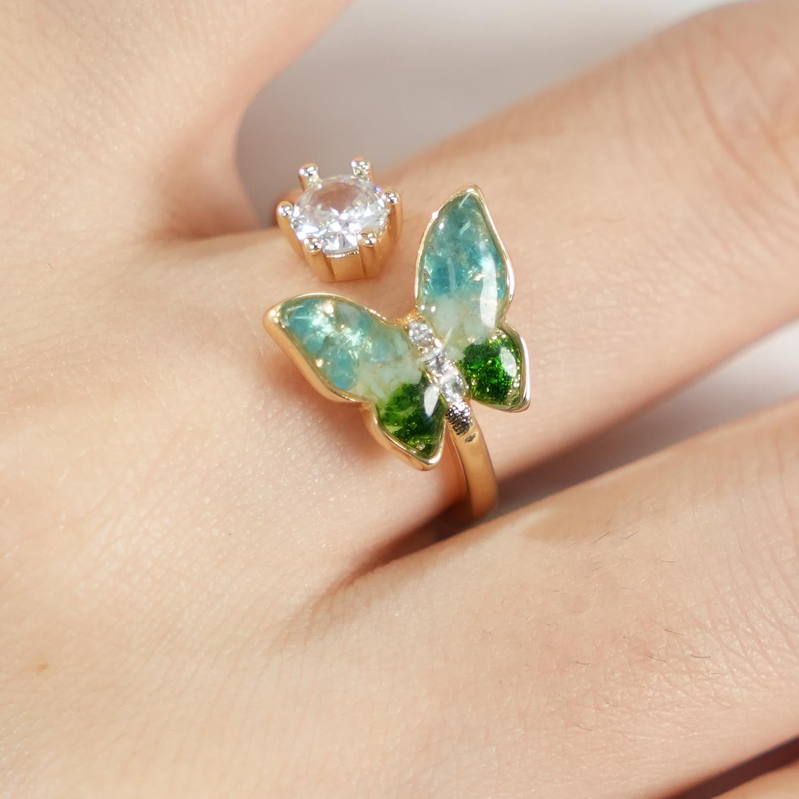 Colored Stone Inlaid Jade Green Gradient Butterfly Ring