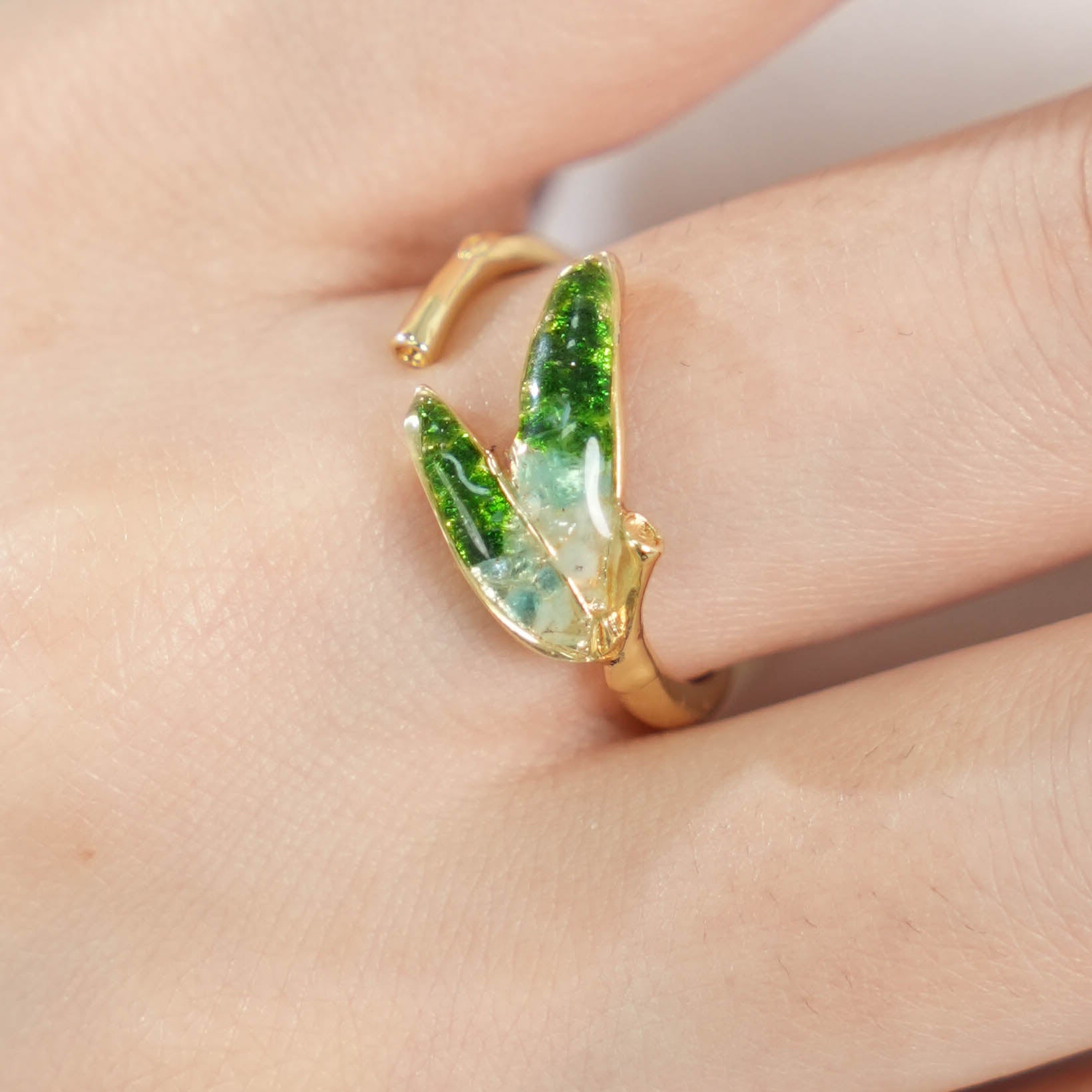 Color Stone Inlay Jade Green Gradient Bamboo Leaf Ring – B Style