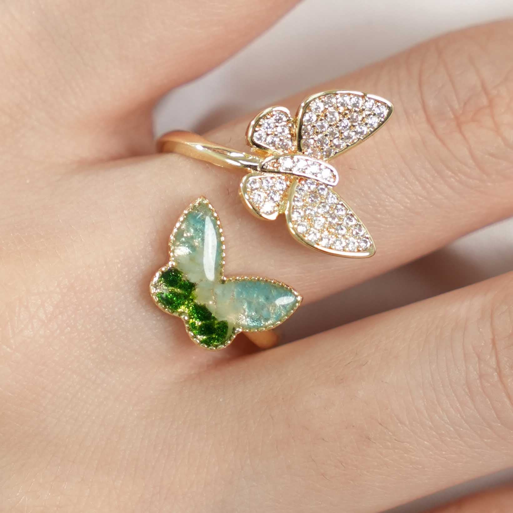 Color Stone Inlay Light Green Gradient Butterfly Ring – C Style