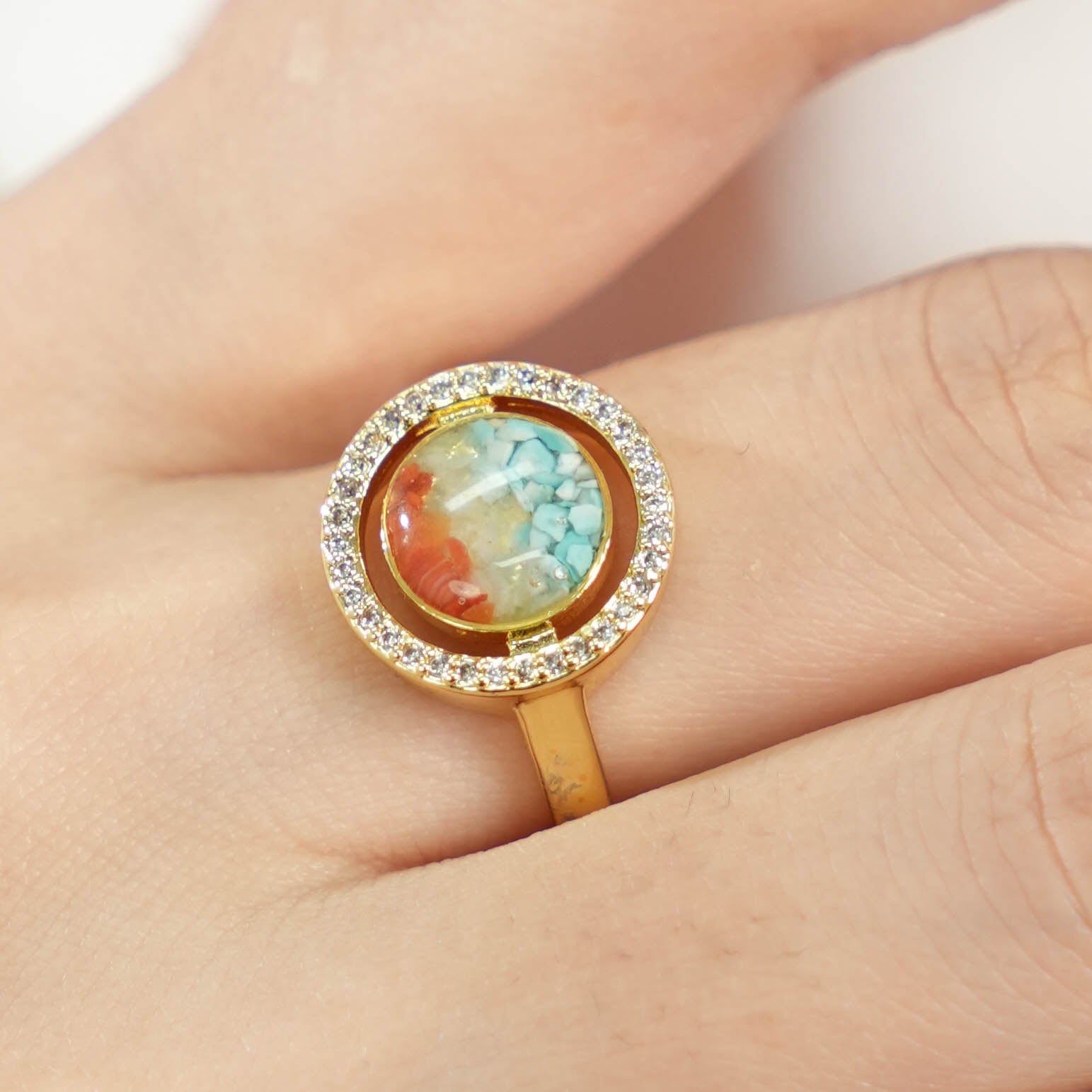 Dunhuang-Colored Big Round Bean Ring Inlaid with Colored Stones