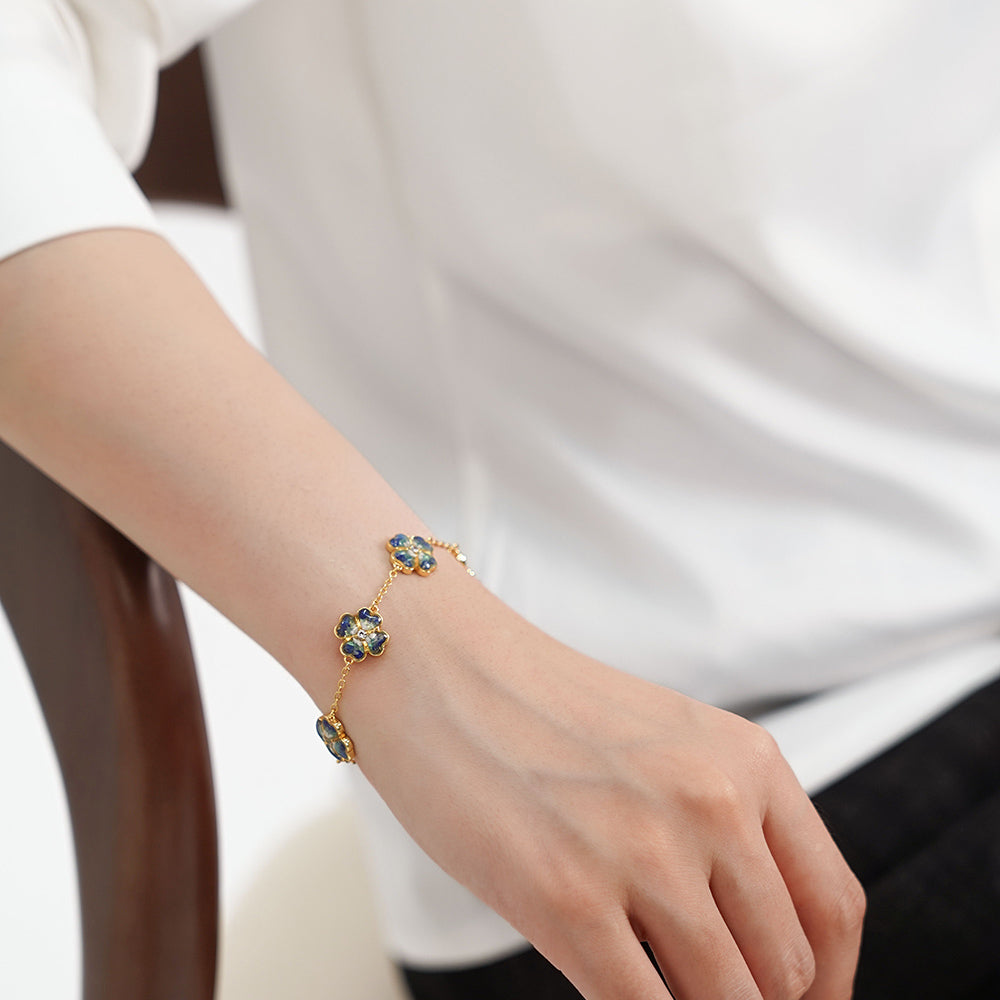 Color Stone Inlay Bracelet – Four-Leaf Clover B, Blue & White Series