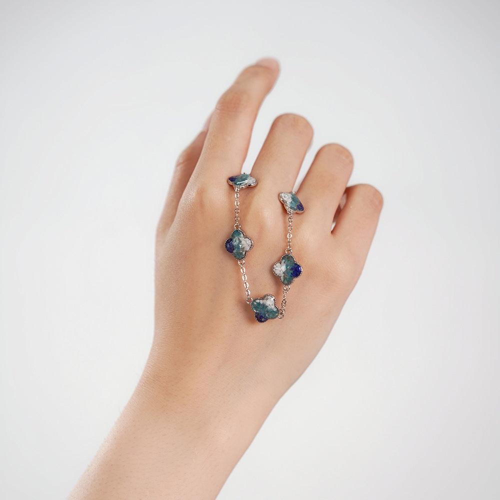 Color Stone Inlay Silver Four-Leaf Clover Bracelet – Blue & White