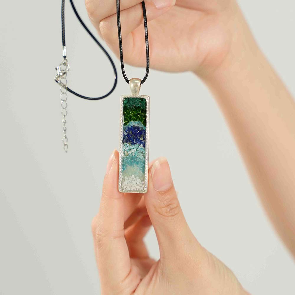 Azure-Green Landscape Rectangular Necklace with Colorful Stone Inlay