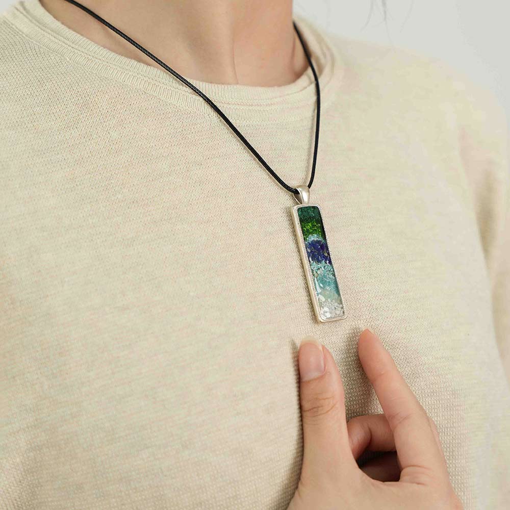 Azure-Green Landscape Rectangular Necklace with Colorful Stone Inlay