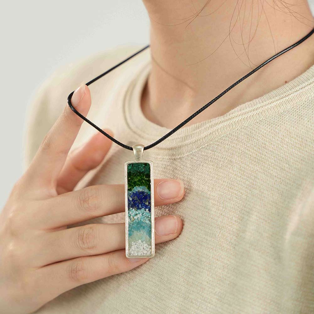 Azure-Green Landscape Rectangular Necklace with Colorful Stone Inlay
