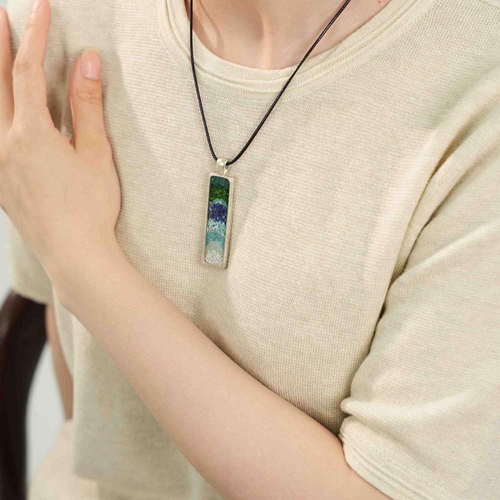 Azure-Green Landscape Rectangular Necklace with Colorful Stone Inlay