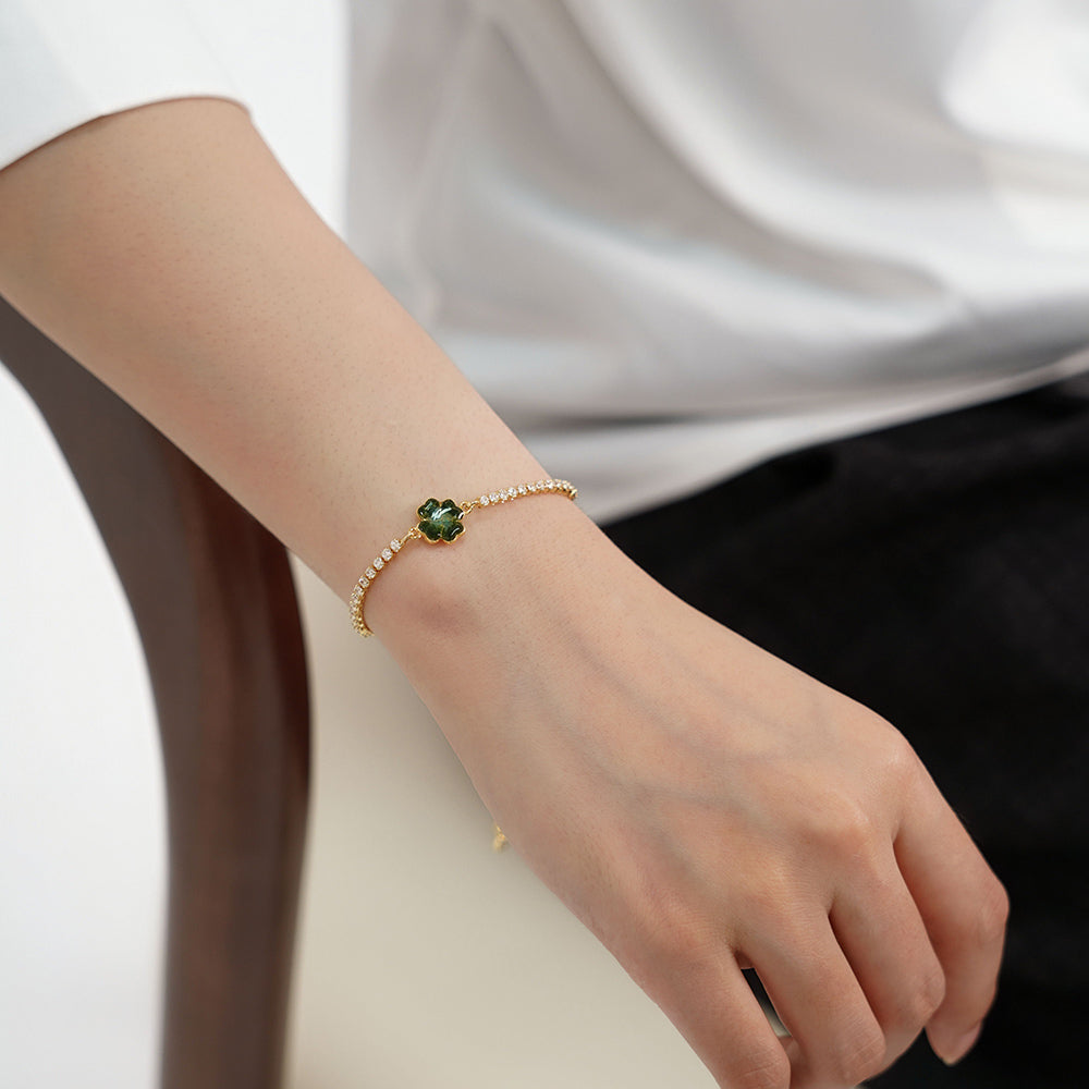 Color Stone Inlay Bracelet – Four-Leaf Clover C, Jade Green Series