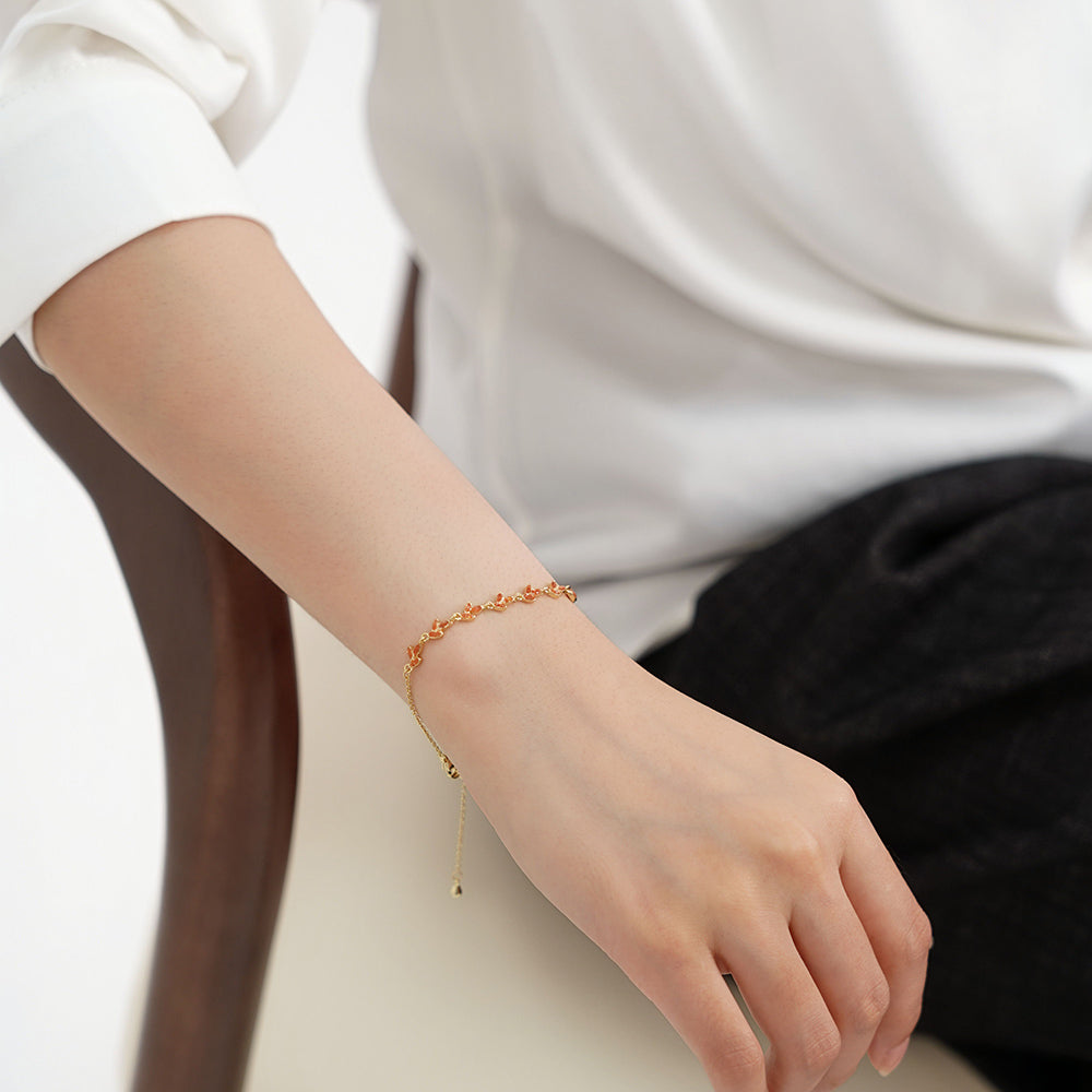 Color Stone Inlay Bracelet – Tiny Leaf, Prosperous Red Series